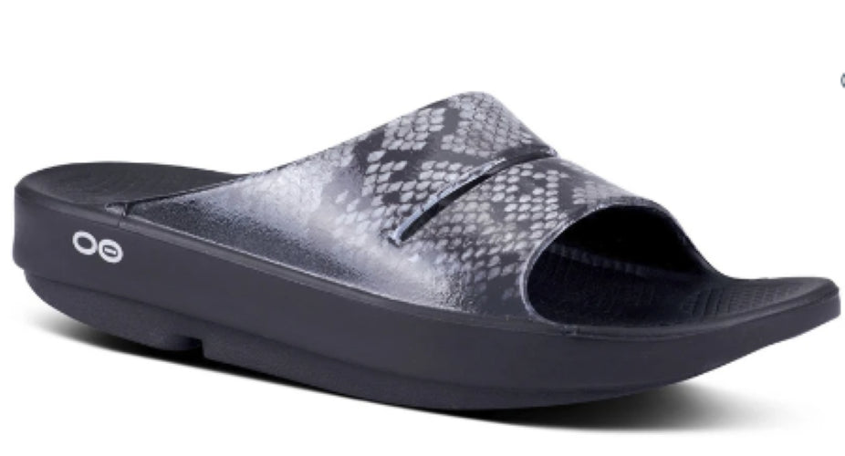 Oofos Grey Snake Print Ooahh Luxe Slide Sandal 1103-SNAKE