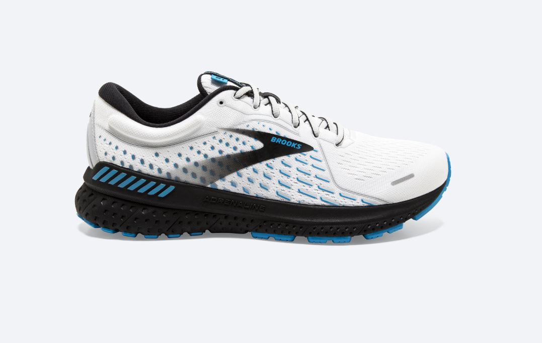 Brooks White with Grey and Atomic Blue Adrenaline GTS 21 Mens Running Shoes 110349-190