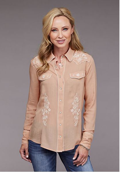Stetson Blush Women's Rayon Crepe Retro Western Style Snap Front Blouse with Embroidery 1105005650552PI