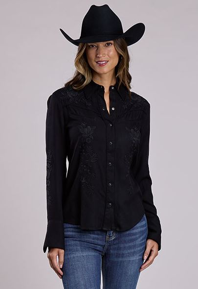 Stetson Black Women's Rayon Twill Western Snap Front Long Sleeve Blouse with Embroidery 1105005657073BL