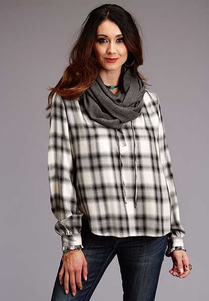 Stetson White/Ash Plaid Women's Loose Fit Peasant Blouse 1105005907031WH