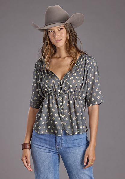 Stetson Grey with Horse Pennies Print Women's V-Neck Blouse 1105105902075GY