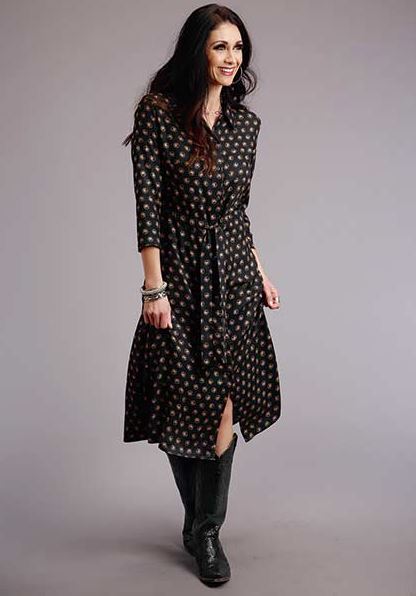 Stetson Horse Polka Dot Print Women's Collared Button Front Long Shirt Dress 1105705901050BL