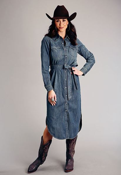 Stetson Dark Dirty Denim Women's Collared Western Shirt Dress 1105705947064BU