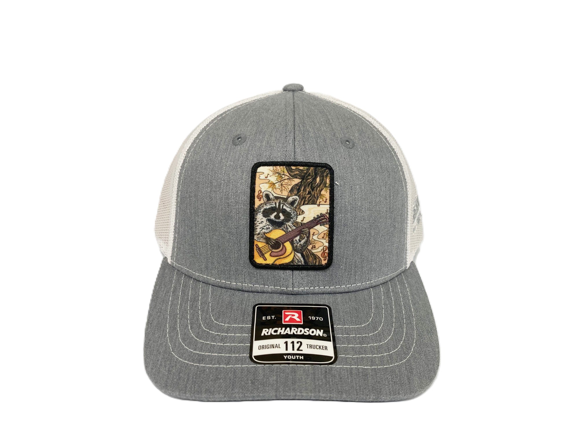Lebo's Heather Grey/White Richardson 112 Youth Size Trucker Hat with Racoon Patch MFRG-112-HGW-Y
