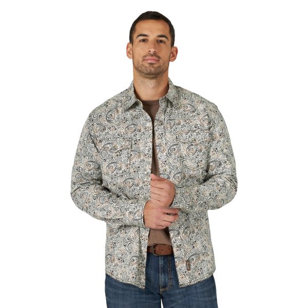 Wrangler White/Brown Retro Premium Men's Button Down LongSleeved Shirt 112318873