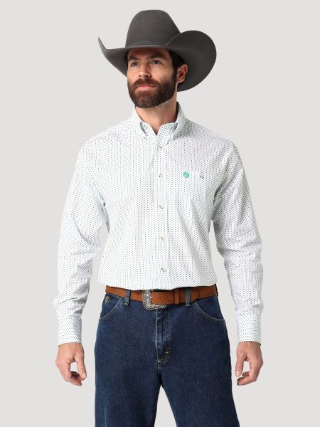 Wrangler Green/White Print George Strait Mens One Pocket Button Down Longsleeve Shirt 112318981