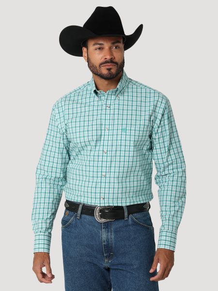 Wrangler Green/White Plaid George Strait Mens 1 Pocket Longsleeve Shirt 112318984