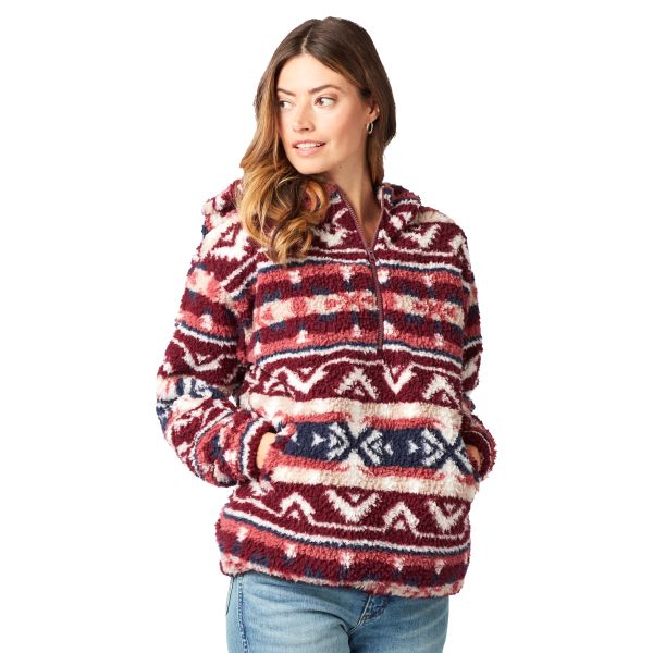 Wrangler Burgundy Multi Retro Americana Womens 1/4 Zip Aztec Hooded Sherpa Top 112321245