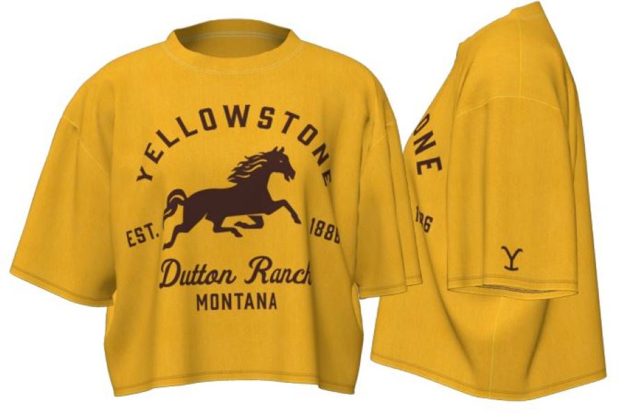 Wrangler Gold Yellowstone Bronco Cropped Oversized Short Sleeve Womens Tee Shirt 112323592