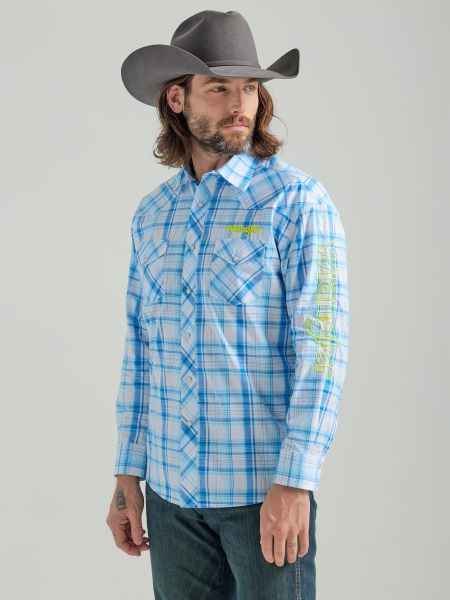 Wrangler Logo Long Sleeve Mens Plaid Snap Shirt 112324644