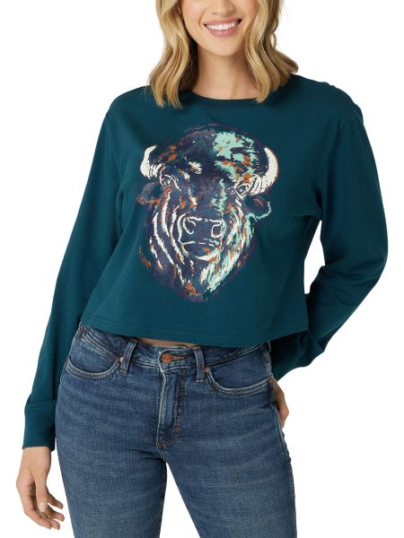 Wrangler Dark Teal Retro Bison Graphic Ladies Relaxed Cropped Tee Shirt 112327230