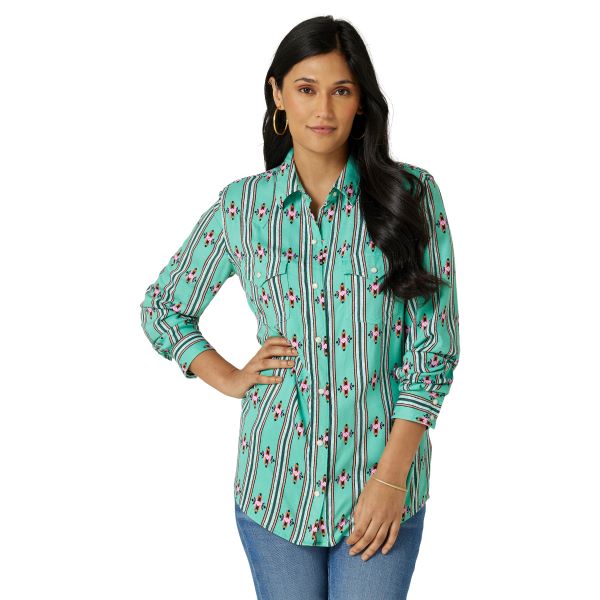 Wrangler Green/Pink Aztec Print and Stripe Women's Western Shirt 112327247