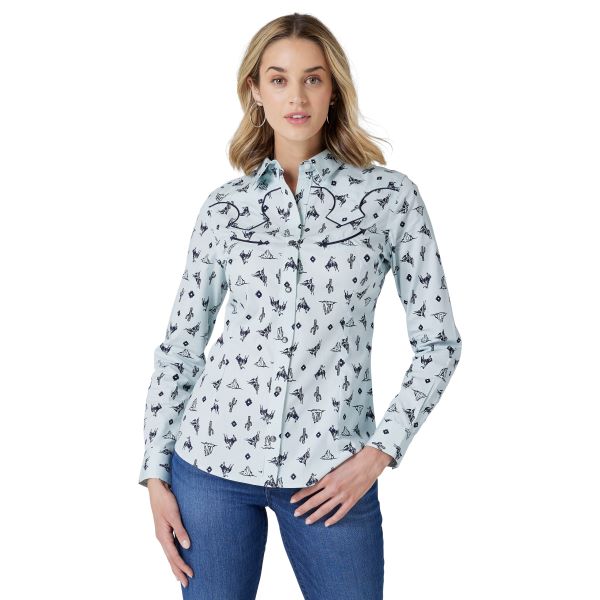 Wrangler Light Blue with Bronco Print Retro Women's Snap Shirt 112327262