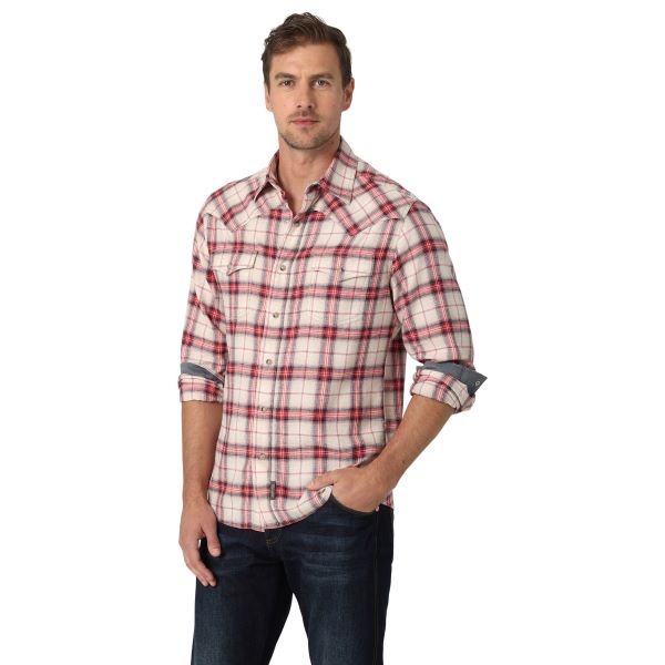 Wrangler Picnic Khaki Retro Premium Men's Long Sleeve Linen Plaid Western Snap Shirt 112327773