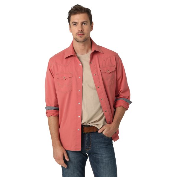 Wrangler Pomelo Red Retro Premium Men's Long Sleeve Button Down Western Snap Shirt 112327788