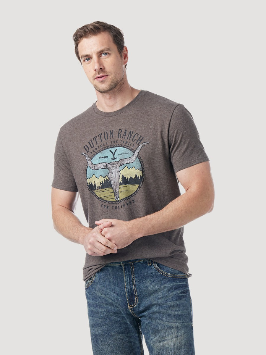 Wrangler Brown Heather Yellowstone Mens Short Sleeve Steer Head Graphic Tee Shirt 112328222