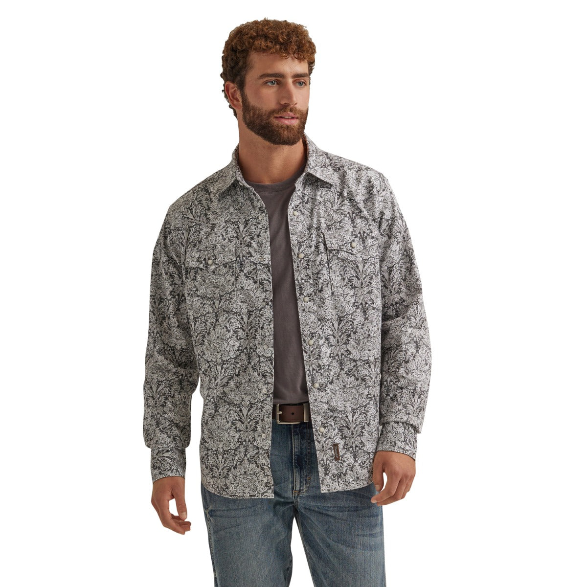 Wrangler Black Floral Print Retro Premium Men's Snap Modern Fit Longsleeve Collared Shirt 112344561
