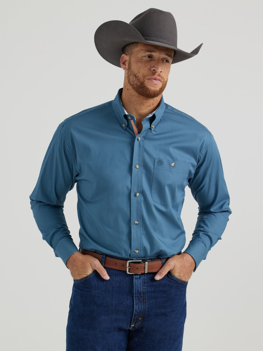 Wrangler Teal George Strait Men's Longsleeve Button Down Collared Stretch Shirt 112344866
