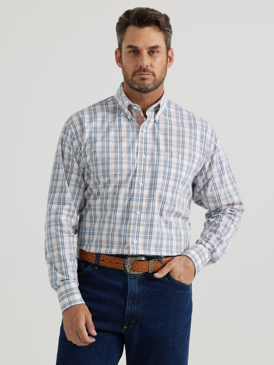 Wrangler White Plaid George Straight Men's Longsleeve Button-down Collared Stretch Shirt 112344867
