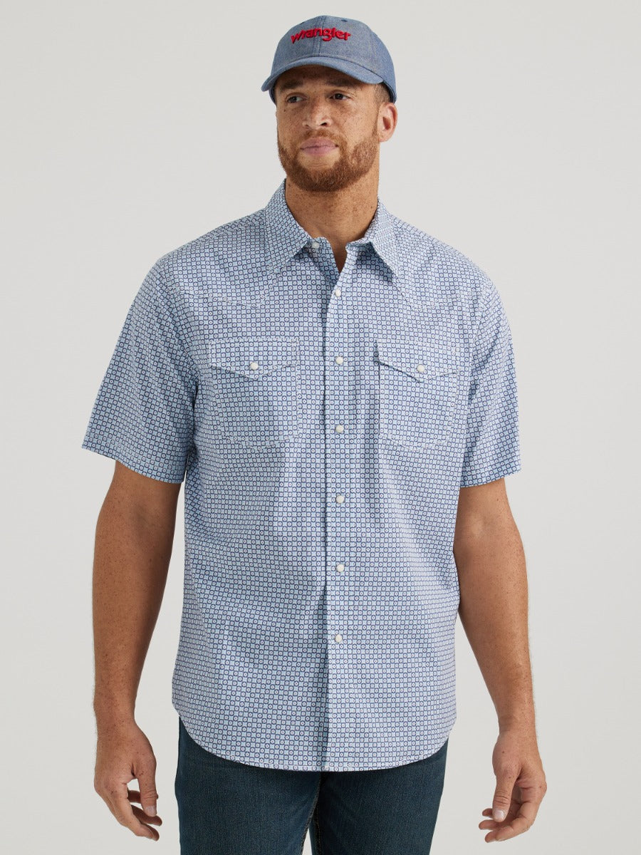 Wrangler Black Sea Square Print 20X Competition Advanced Comfort Short Sleeve Snap Shirt 112346043