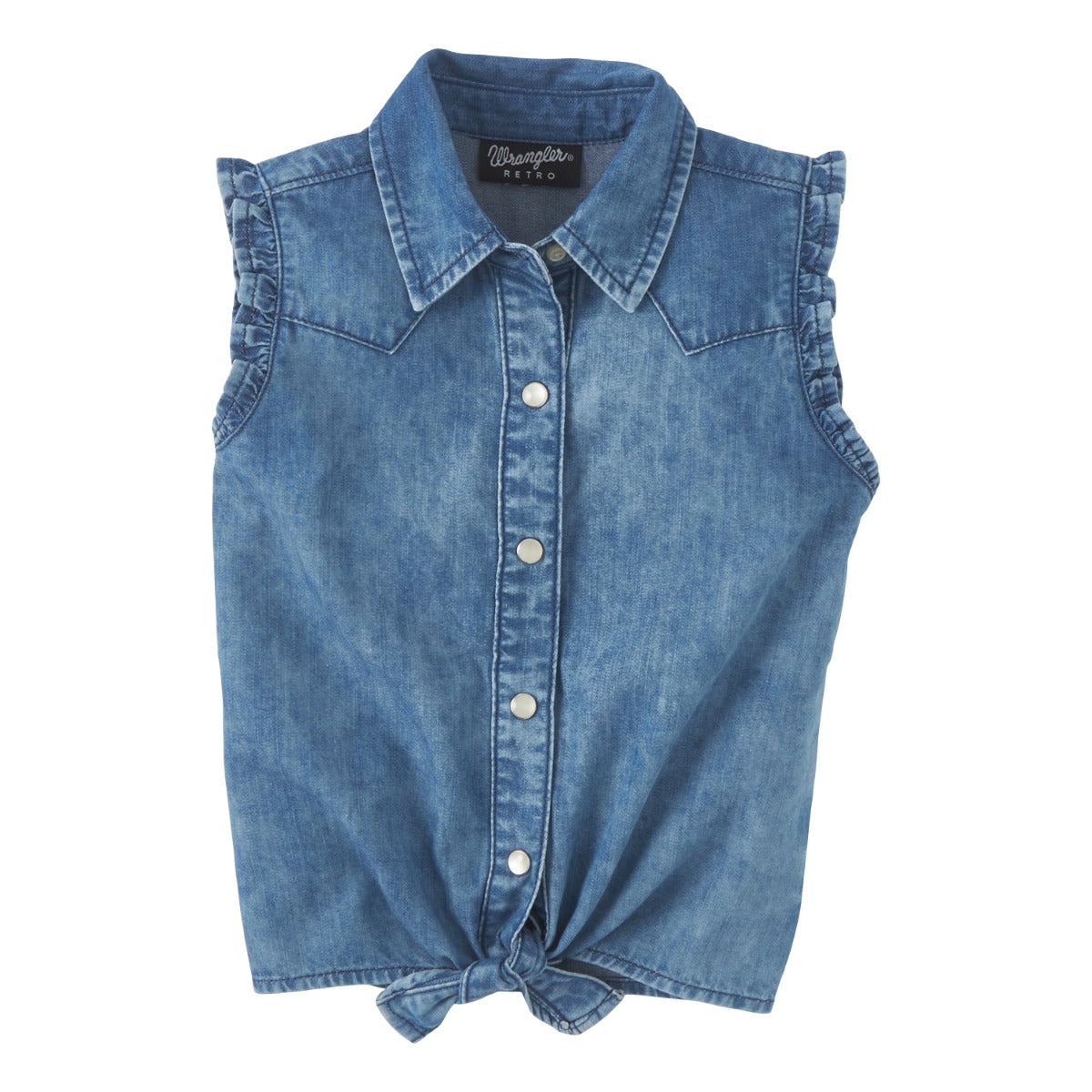 Wrangler Sea Blue Girl's Sleeveless Denim Tie Front Collared Shirt 112346582