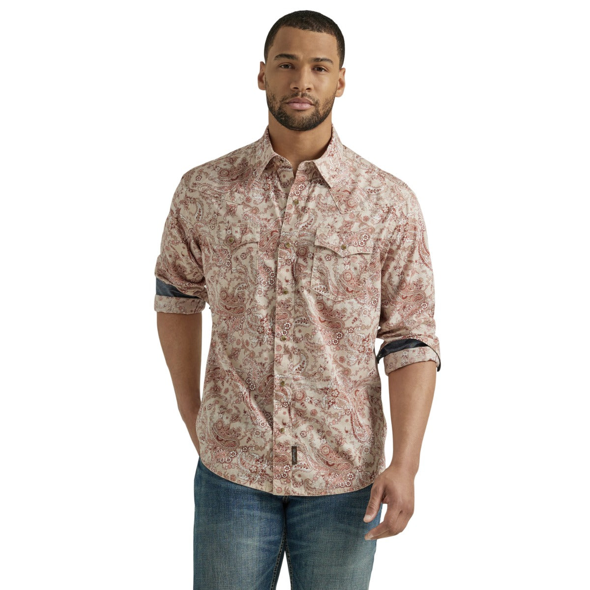Wrangler Peach Paisley Retro Premium Men's Collared Longsleeve Snap Shirt 112346602