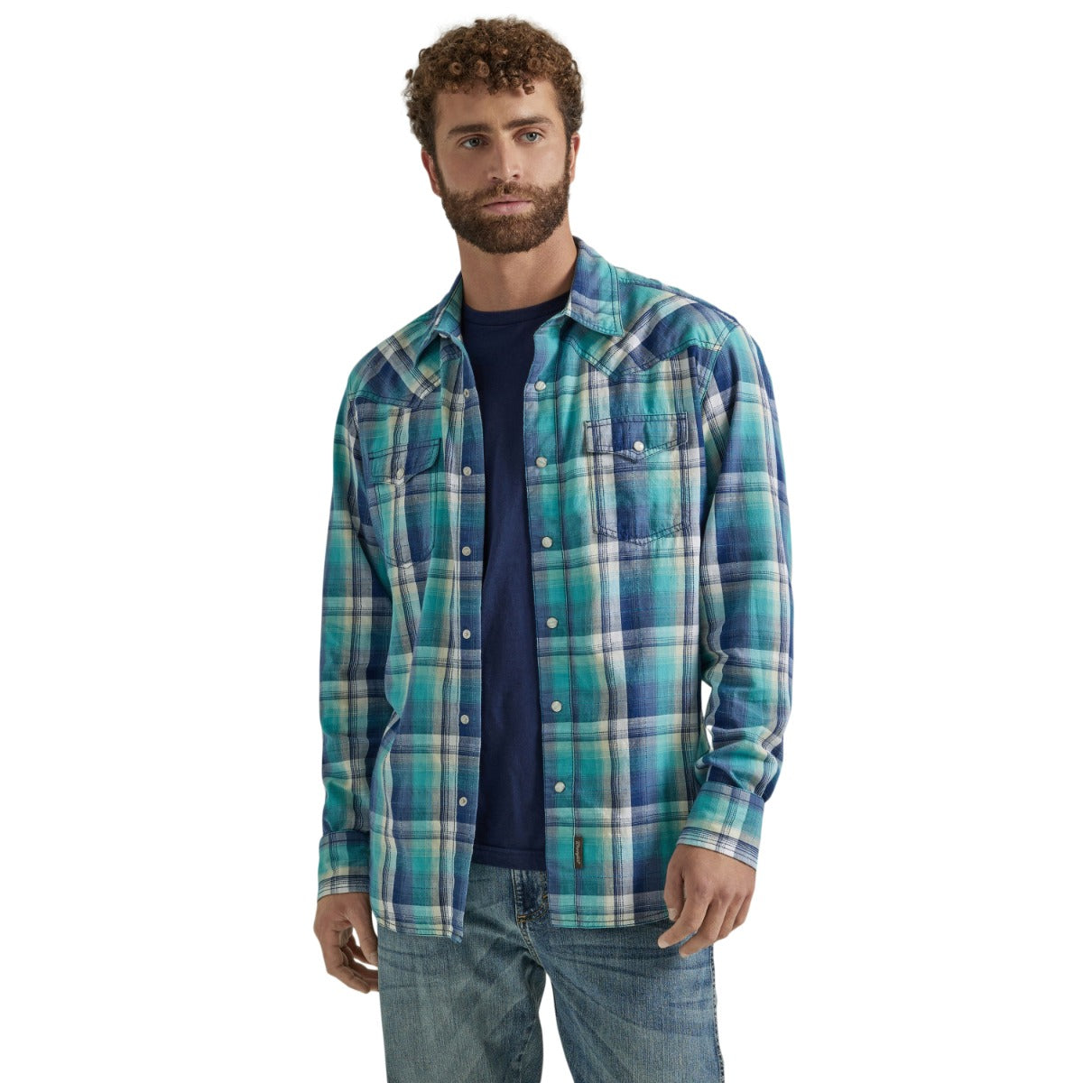 Wrangler Ocean Plaid Retro Premium Men's Longsleeve Collared Snap Shirt 112346627