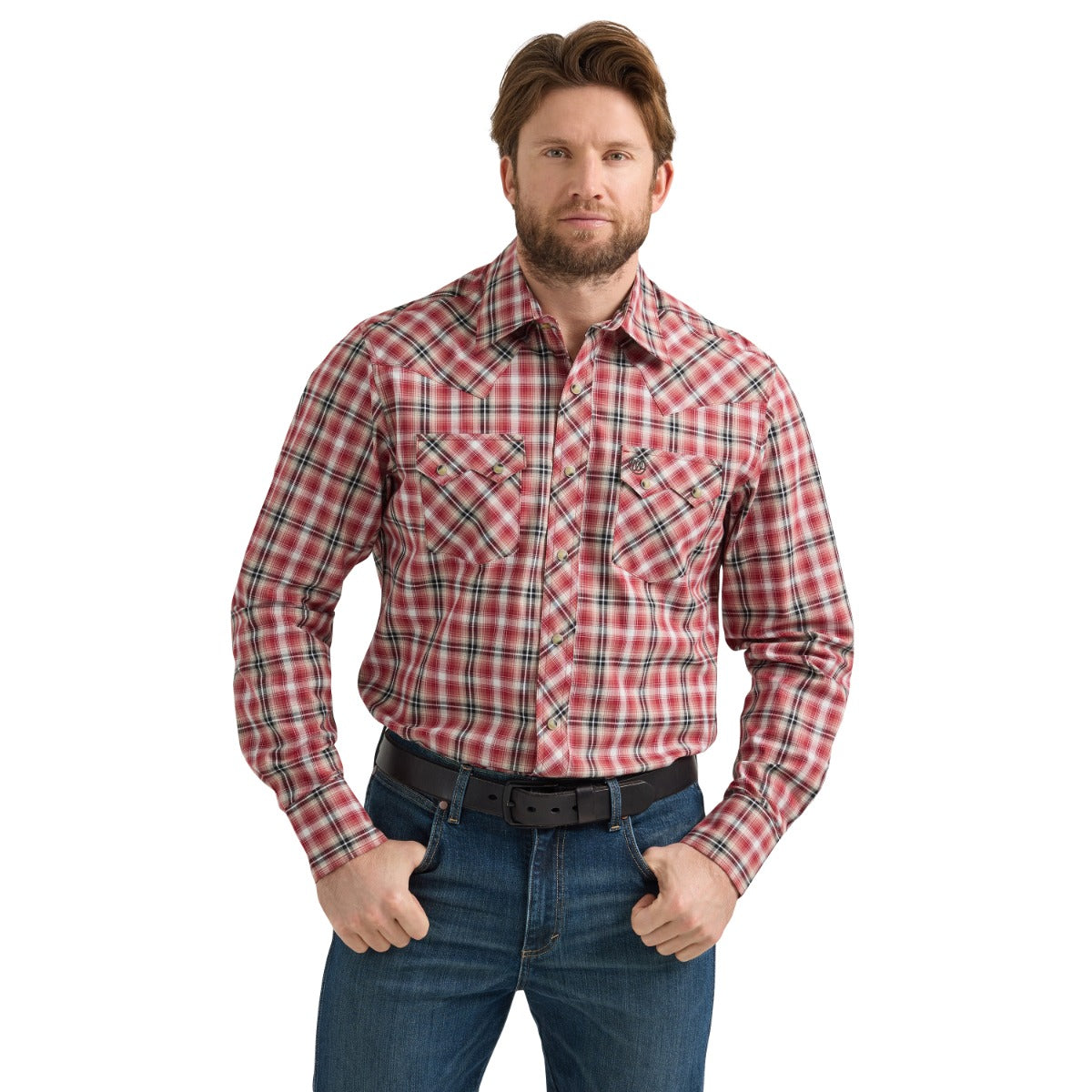 Wrangler Vermilion Red Retro Long Sleeve Sawtooth Men's Collared Longsleeve Snap Pocket Men's Western Shirt 112351479