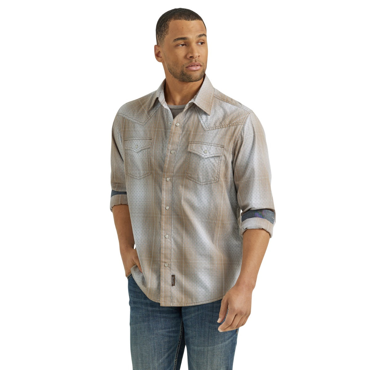 Wrangler Tan/Blue Plaid Retro Premium Men's Collared Longsleeve Western Snap Shirt 112352879