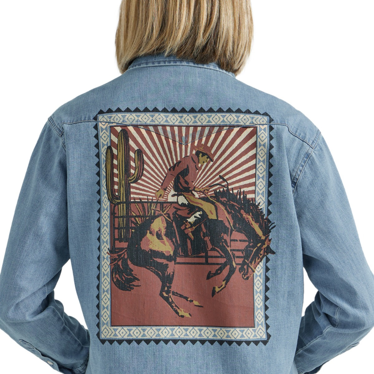 Wrangler Light Denim Rodeo Poster Women's Long Sleeve Collared Western Snap Shirt 112352963