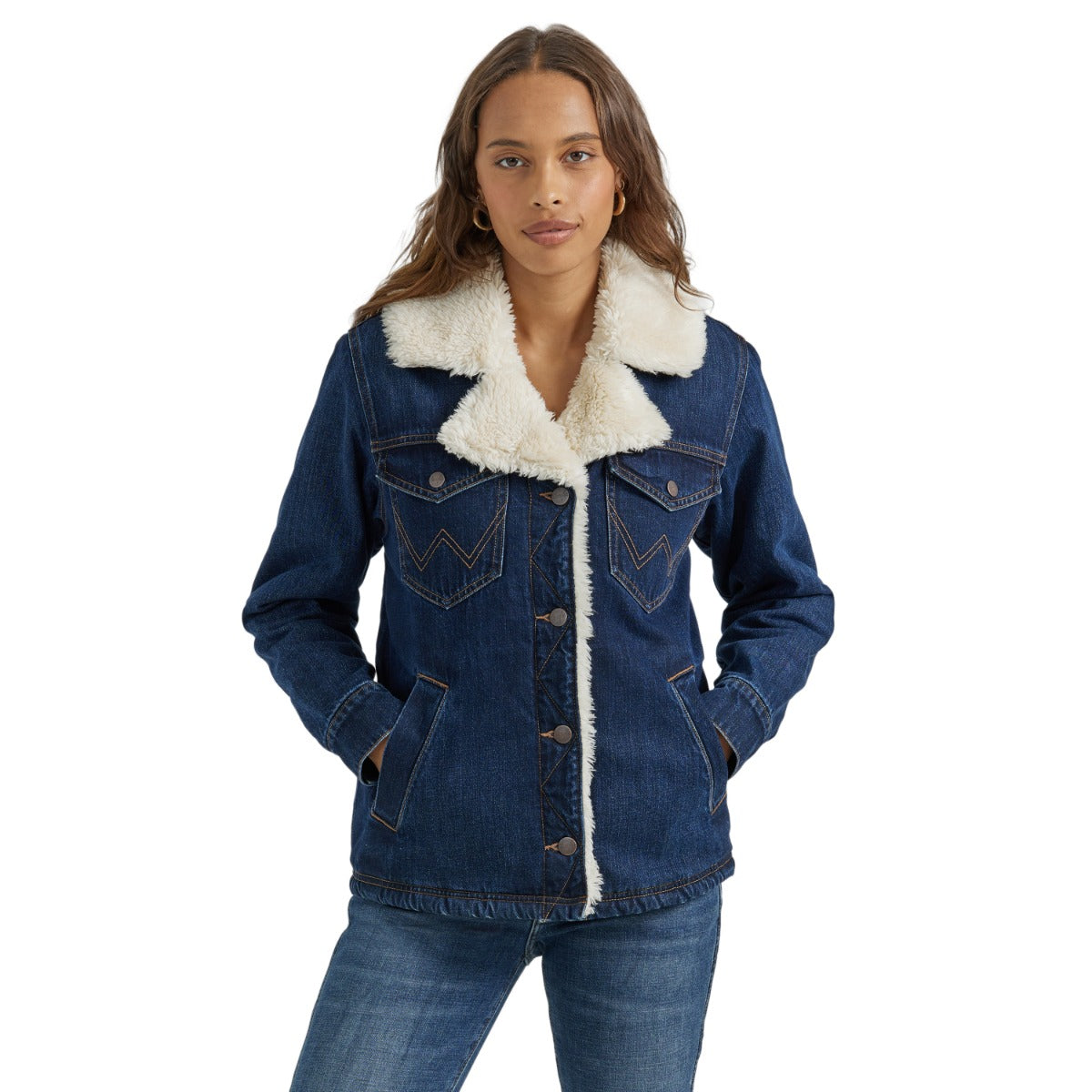 Wrangler Dark Denim Women's Western Sherpa Lined Denim Wrange Coat with Spread Collar 112353137
