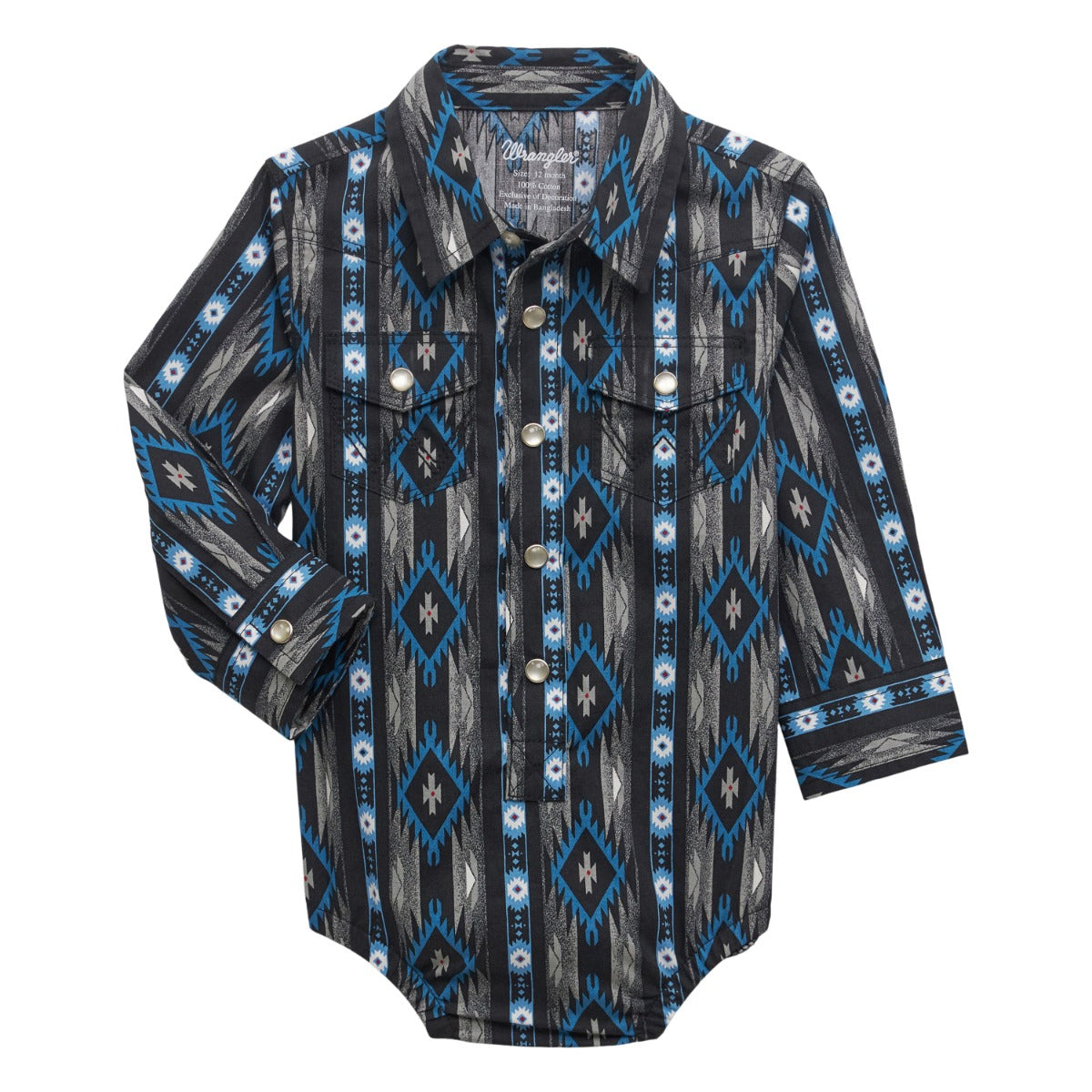 Wrangler Black Bleu Print Checotah Longsleeve Baby Boy's Western Snap Bodysuit 112355398