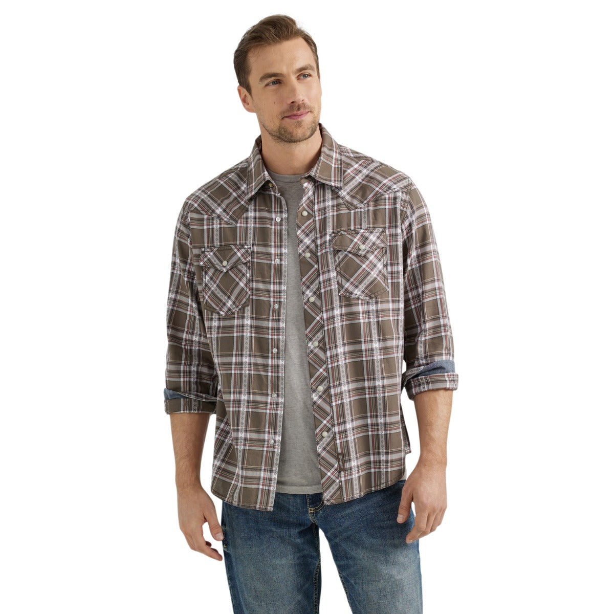Wrangler Hardwood Brown Plaid Retro Premium Longsleeve Collared Men's Western Snap Plaid Shirt 112356588