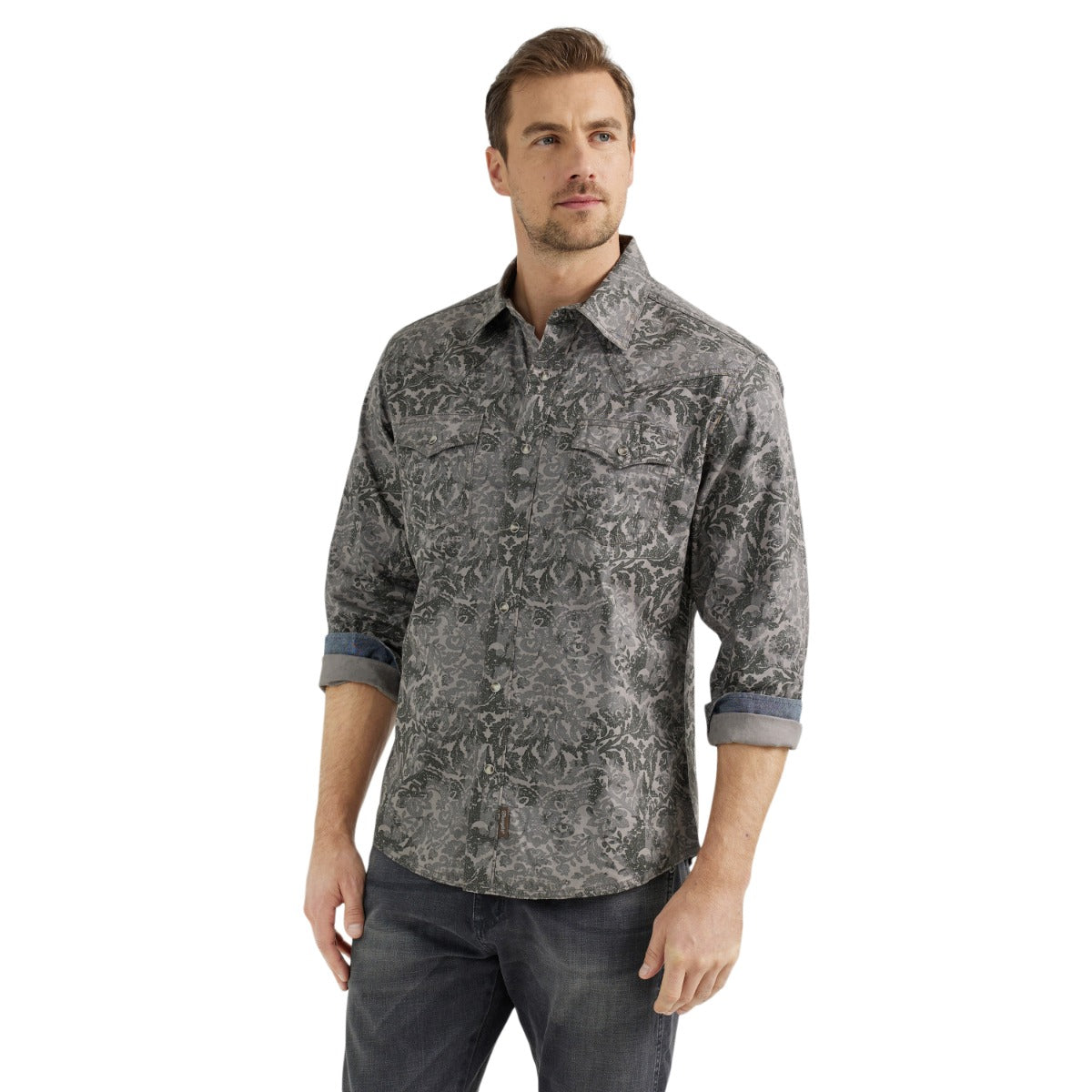 Wrangler Damask Grey Retro Premium Men's Collared Longsleeve Western Snap Shirt 112356589