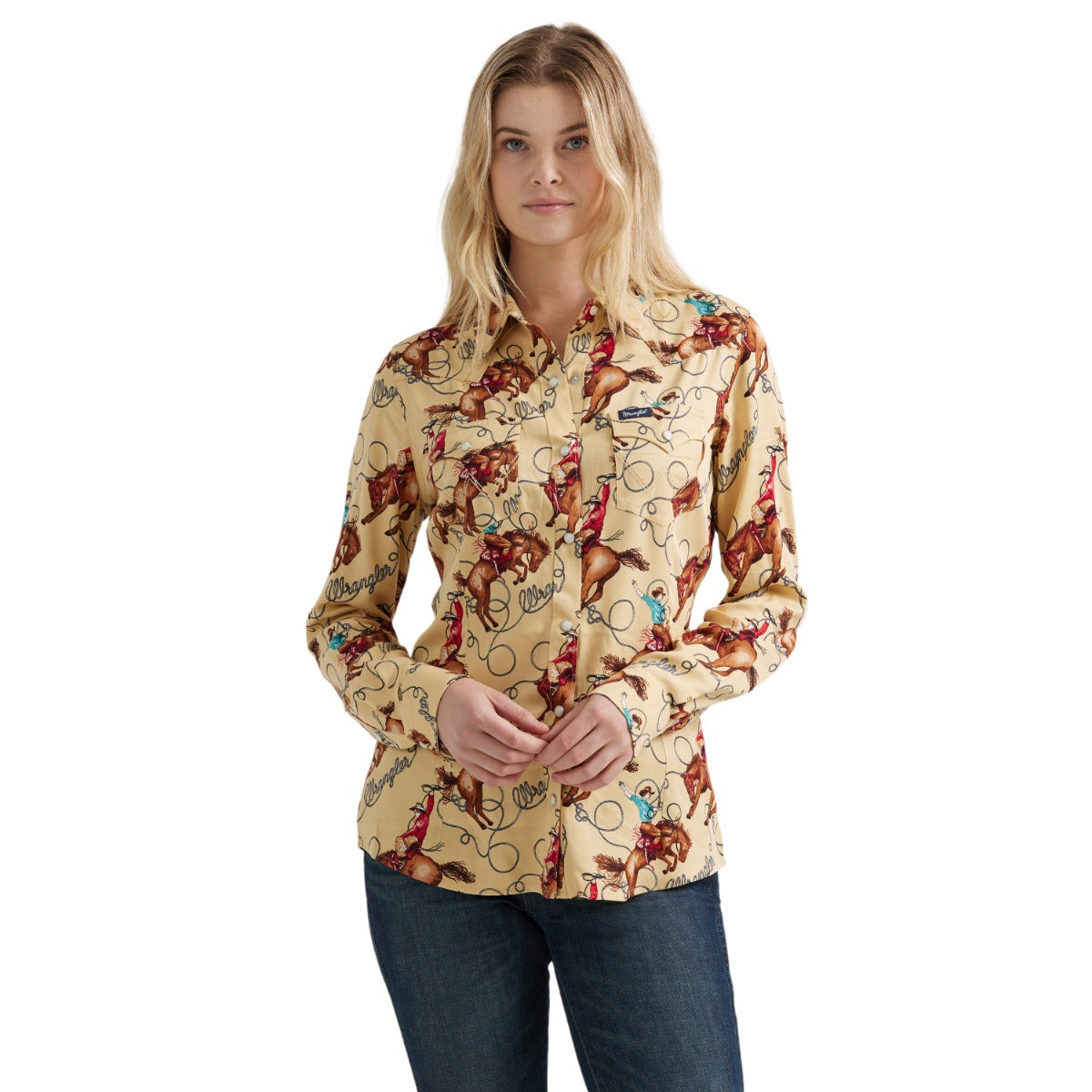 Wrangler Tan with Print Women's Collared Longsleeve Saddle Up Slim Fit Shirt 112356642