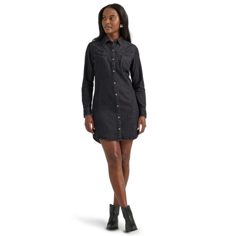 knee length dresses for ladies Wrangler Black Scallop Yoke Denim Women's Collared Longsleeve Western