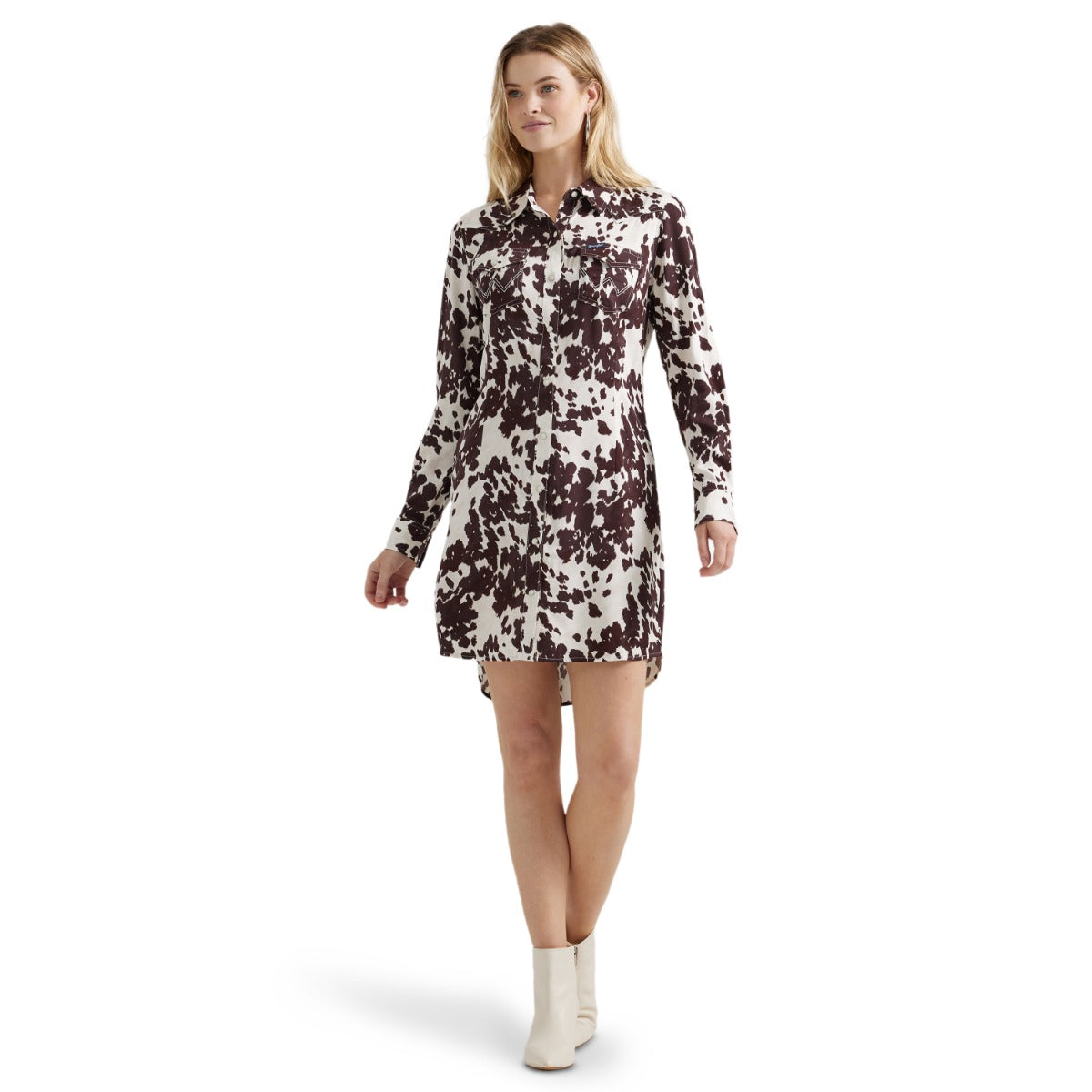 Wrangler Brown Cow Print Women's Collared Longsleeve Snap Shirt Dress 112356666