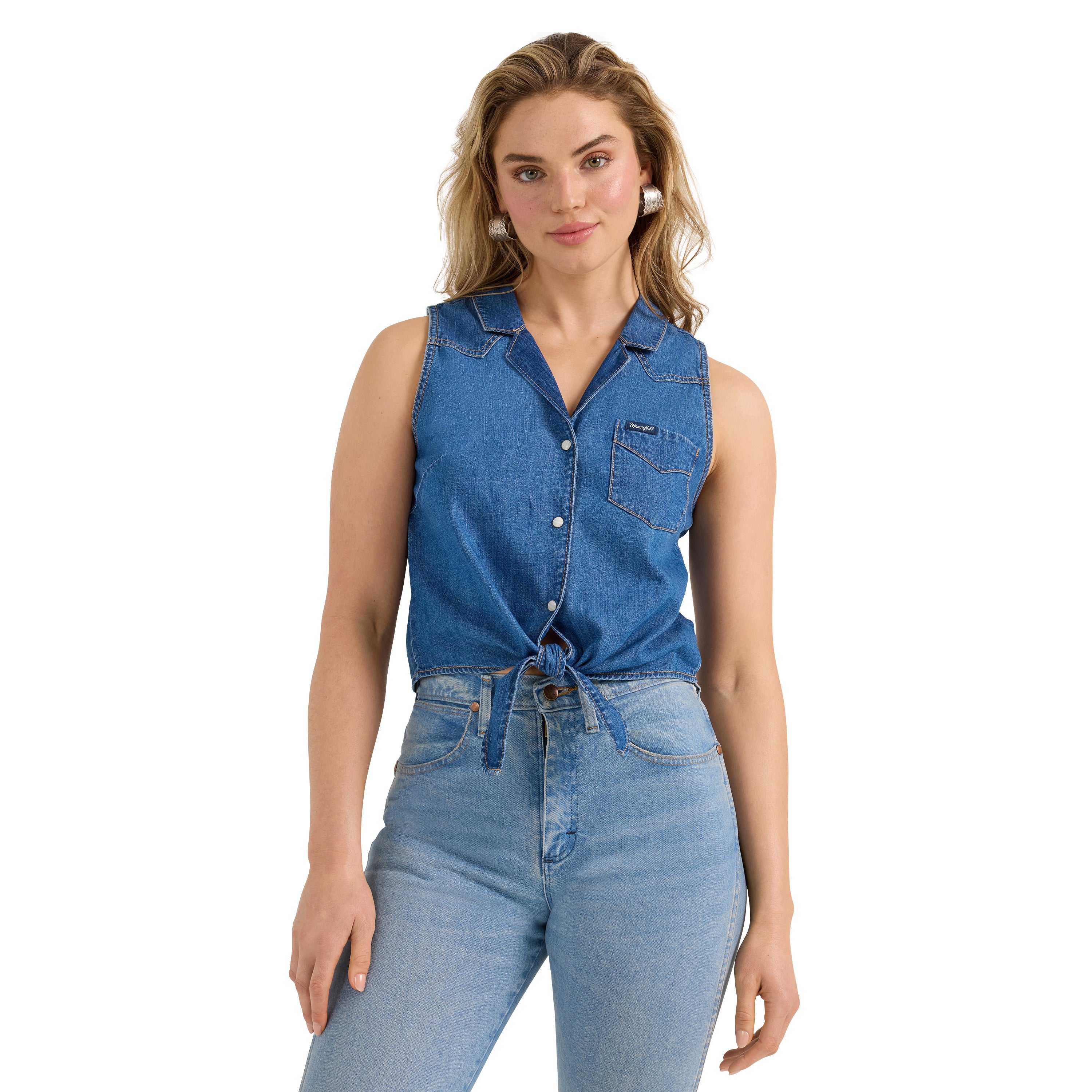 Wrangler Mid Wash Denim Sleeveless Tie Front Shirt 112360785