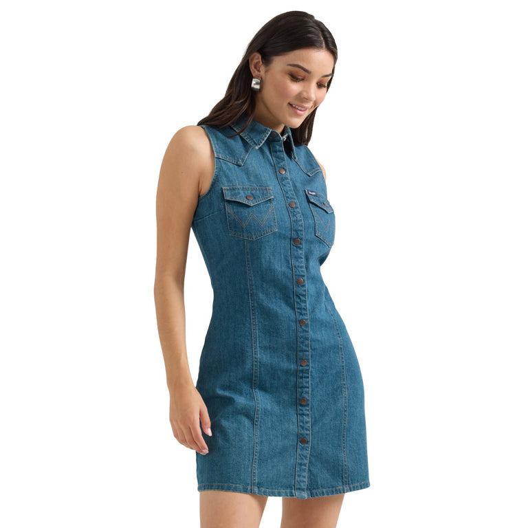 Wrangler Dark Wash Denim Women's Collared Sleeveless Snap Shirt Dress Wrangler Dark Wash Denim Women's Collared Sleeveless Snap Shirt Dress