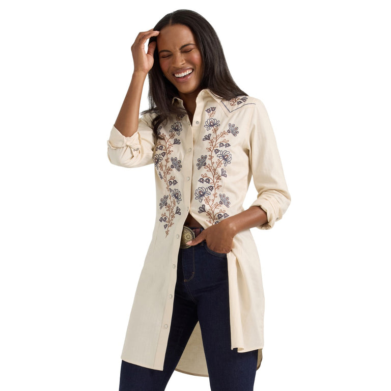 white christmas dresses Wrangler Cream/Floral Retro Women's Collared Western Snap Shirt Dress