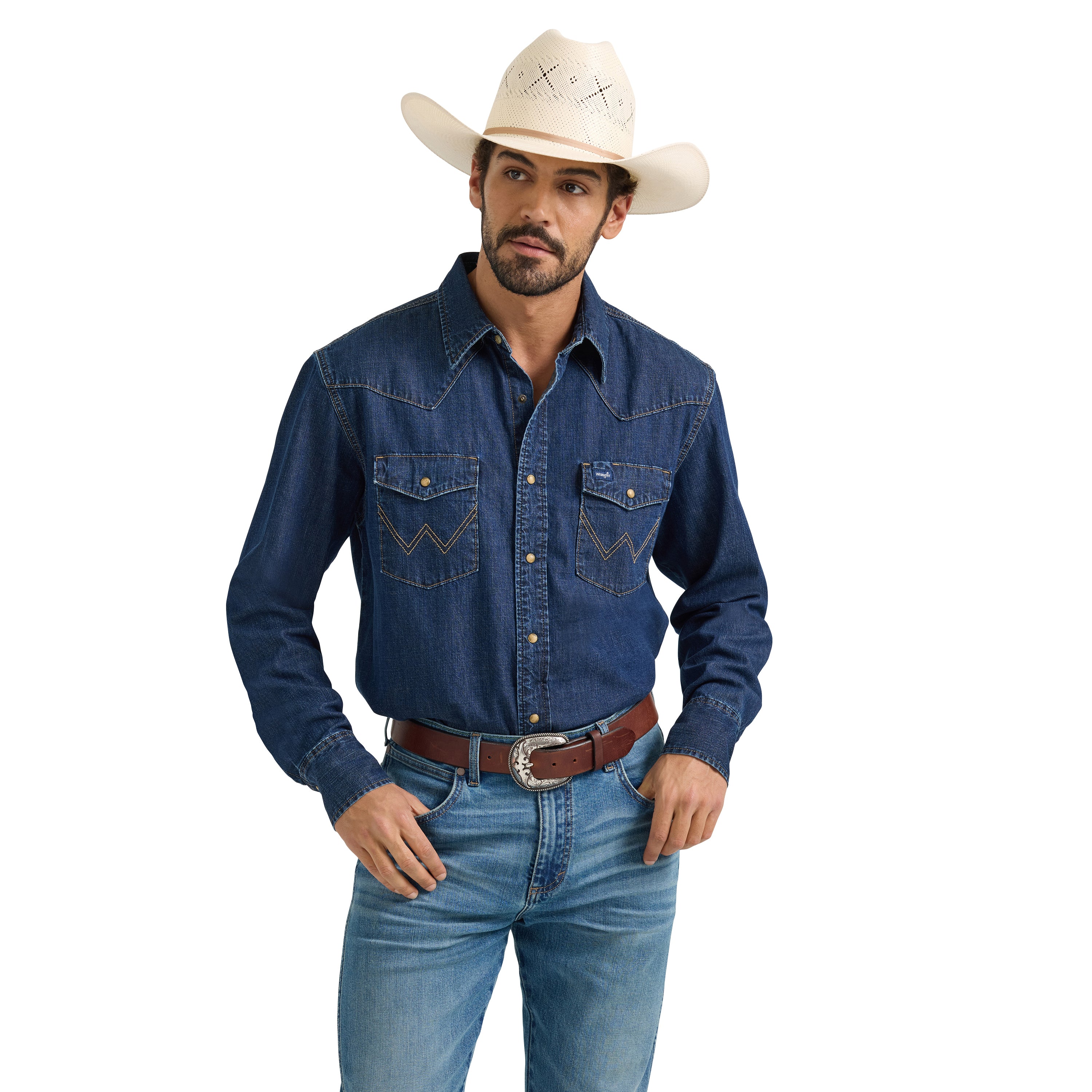 Wrangler Dark Wash Denim Classic Denim Collared Western Snap Shirt 112361700