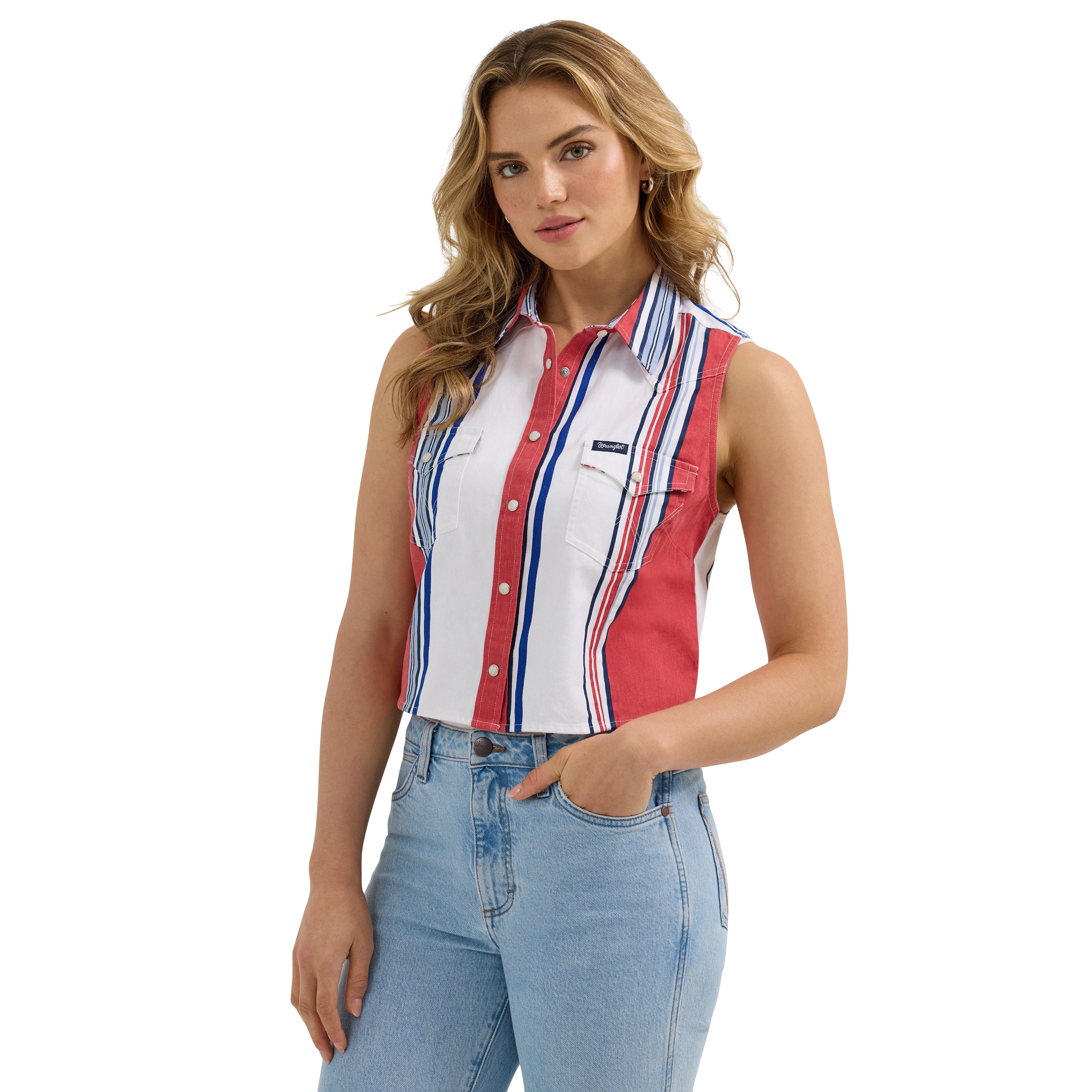 Wrangler Red/White/Blue Brushpopper Stripe Women's Slim Crop Snap Tank Top 112362249