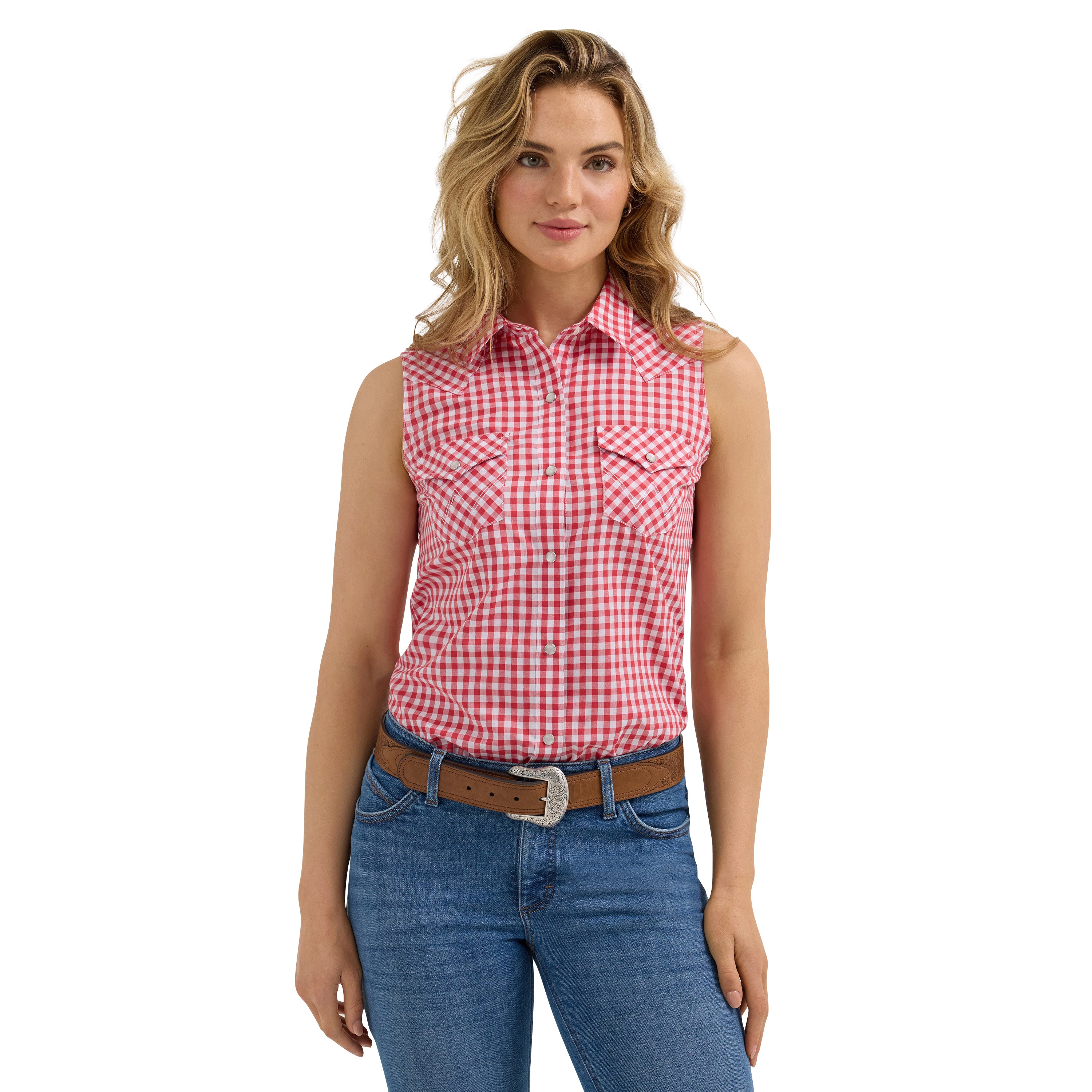 Wrangler Red Gingham Essential Women's Collared Western Snap Tank Top 112362261
