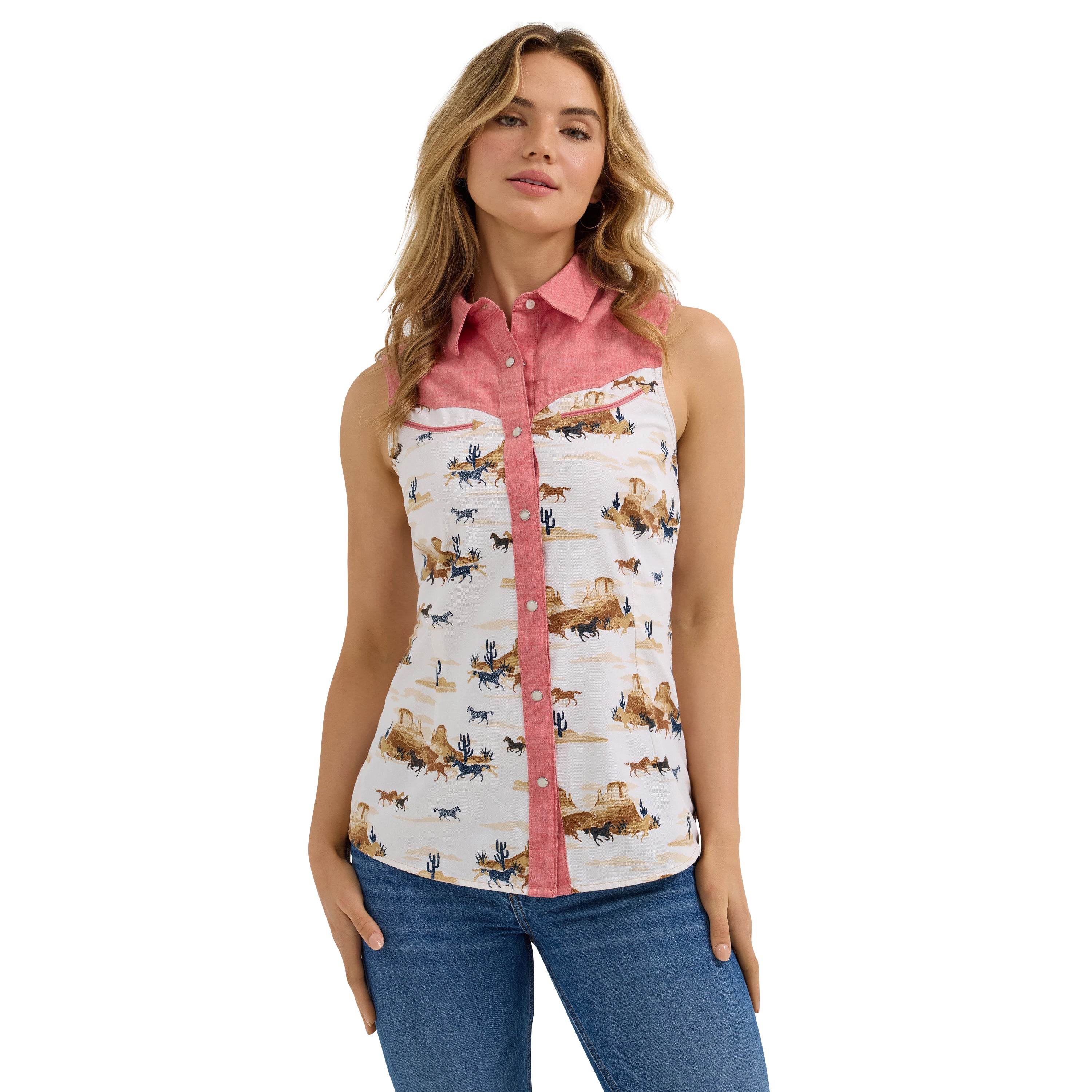 Wrangler Red Desert Print/White Women's Desert Slim Fit Western Snap Tank 112362272