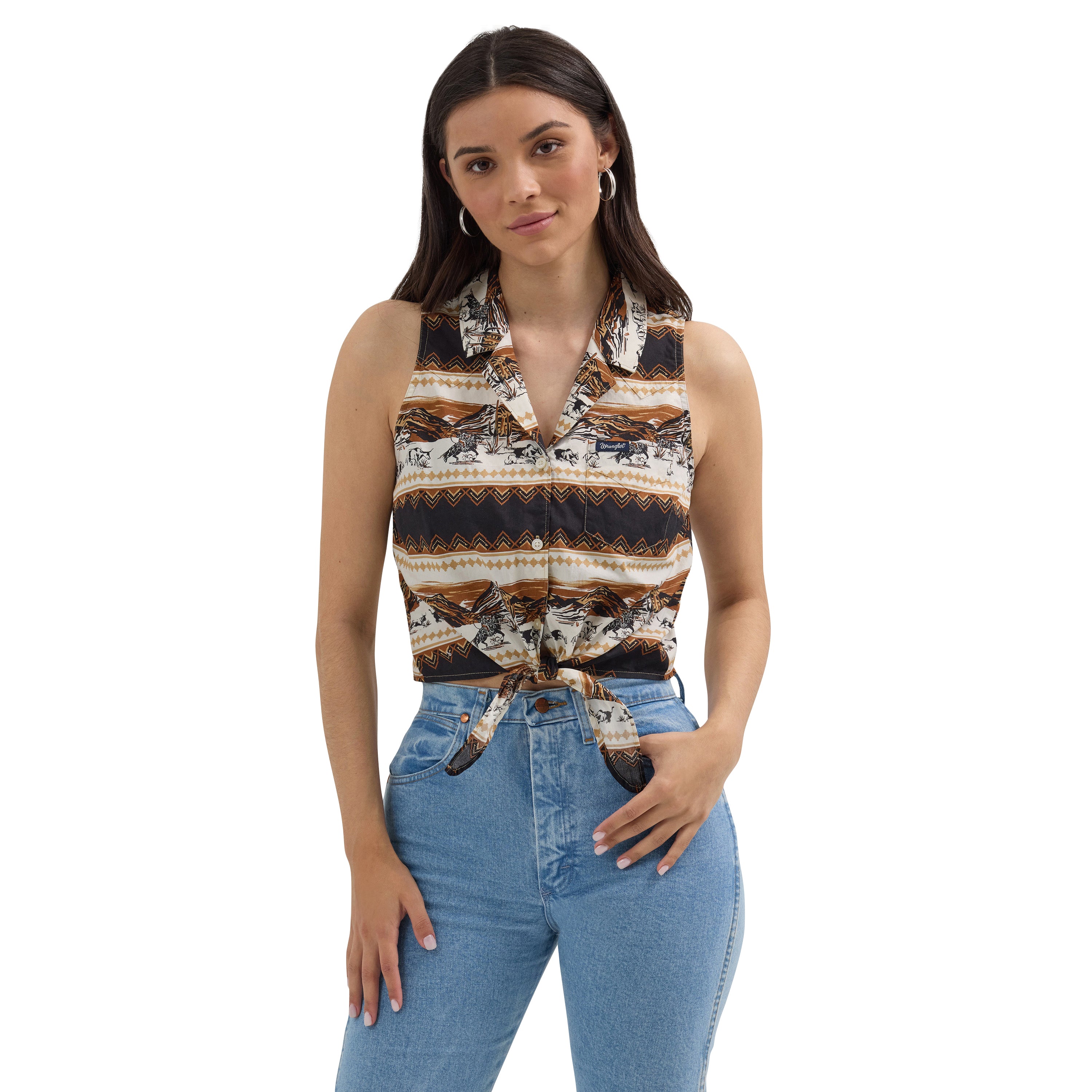 Wrangler Horse Stripe Women's Bold Printed Sleeveless Tie Front Collared Shirt 112364364