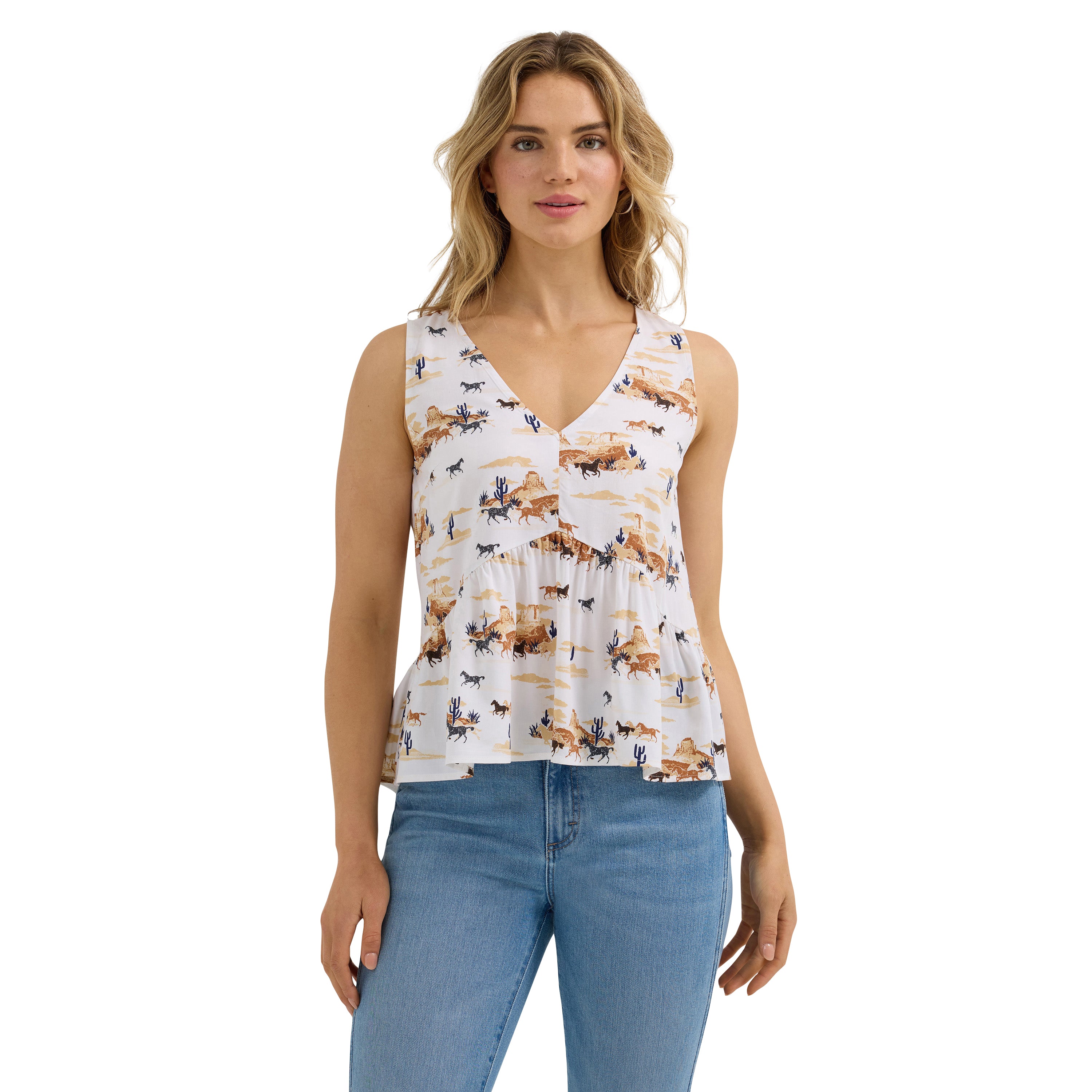 Wrangler White Desert Print V-Neck Women's Peplum Tank 112364382