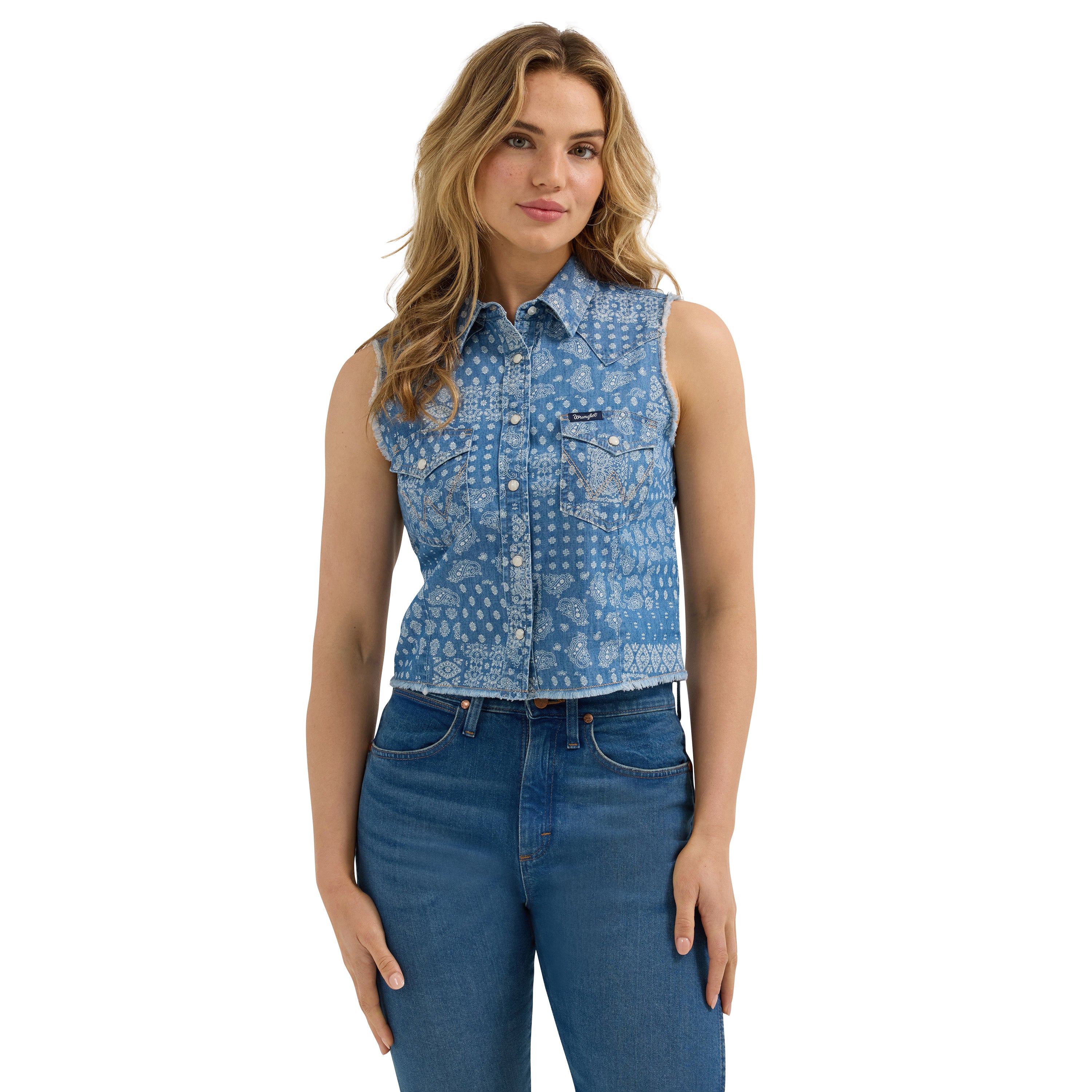 Wrangler Bandana Blue Retro Print Denim Crop Women's Western Snap Tank 112365054
