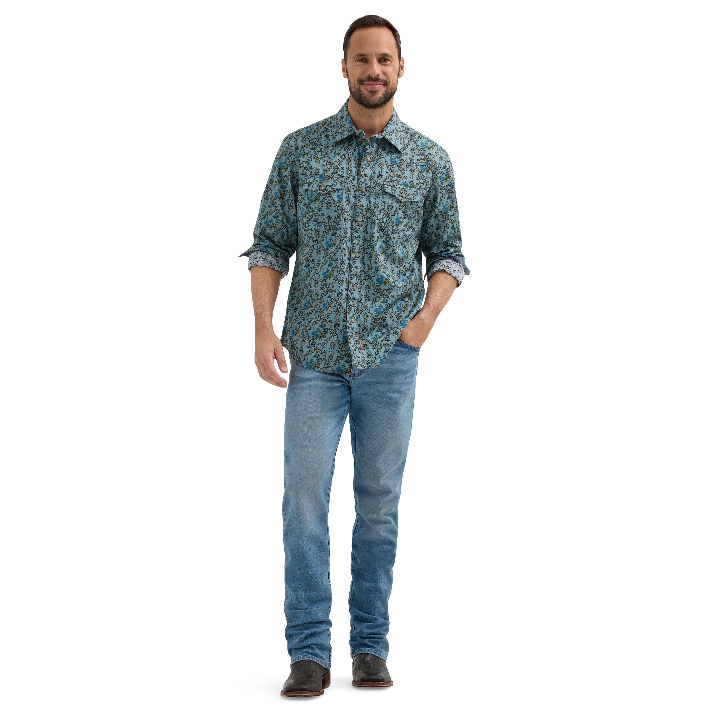 Wrangler Jewel Blue Floral Retro Premium Collared Longsleeve