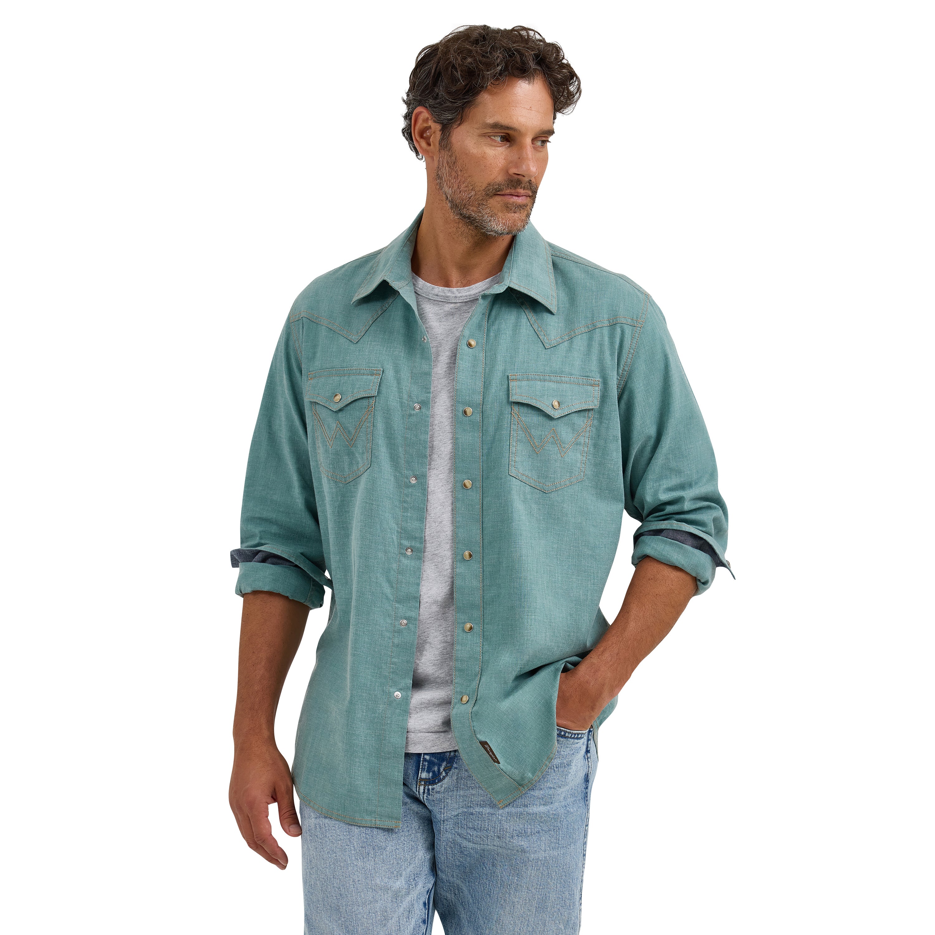 Wrangler Pine Retro Modern Fit Premium Long Sleeve Men's Collared Snap Shirt 112368218